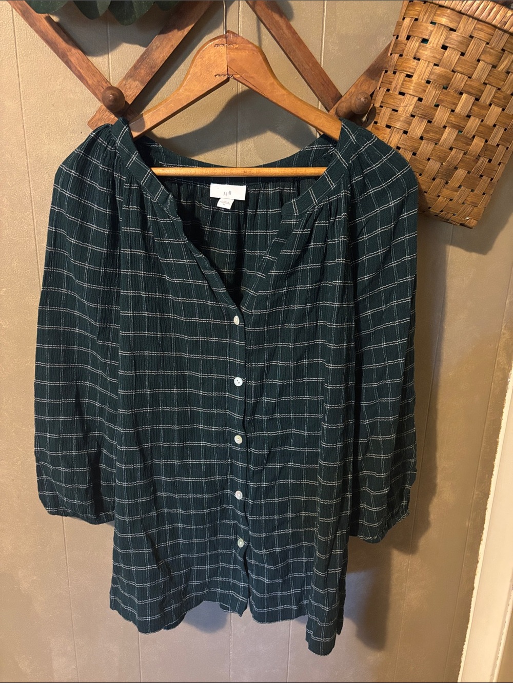 J. Jill Forest Green Windowpane Buttoned Blouse